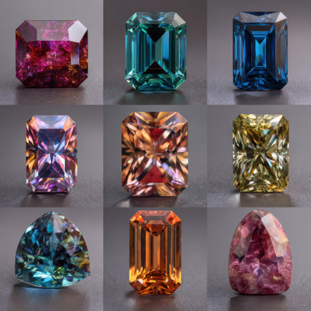 A stunning array of colorful gems showcasing various cuts and vibrant colors, presented on a sleek dark background for an elegant display.の素材