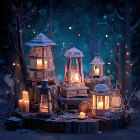 A captivating display of wooden lanterns glowing softly in a moonlit forest, surrounded by shimmering fireflies, creating an enchanting and serene atmosphere.の素材
