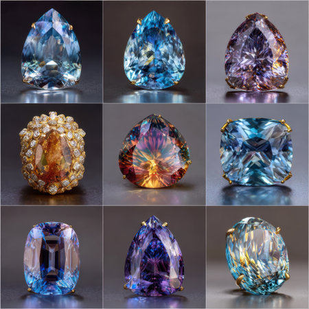 This captivating image features a diverse array of colorful gemstones, showcasing their intricate cuts and vibrant hues against a sophisticated background.の素材