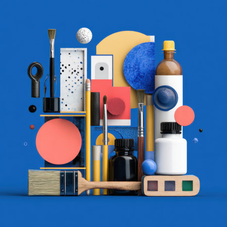 This vibrant and colorful composition features various art supplies arranged on a bright blue background, perfect for projects related to creativity and inspiration.の素材