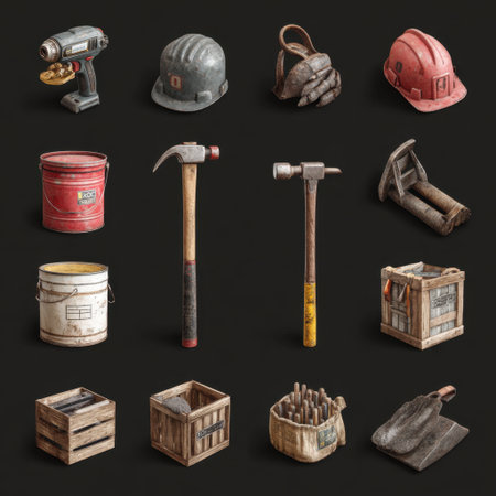 A diverse arrangement of construction tools and equipment, showcasing items like hammers, buckets, hard hats, and safety gloves, ideal for renovation projects.の素材