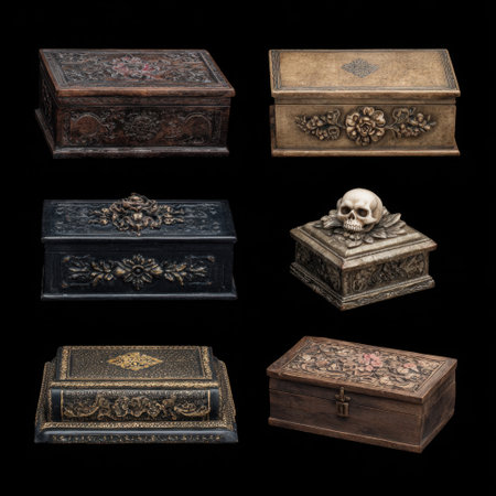 A captivating collection of six ornate decorative boxes showcasing intricate designs, including a striking skull feature. Ideal for unique home decor.の素材