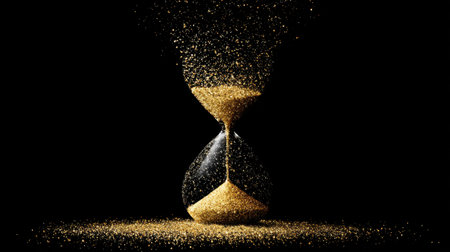 This striking image captures an hourglass filled with glittering sand flowing gracefully against a dark background, symbolizing the passage of time and beauty in transience.の素材