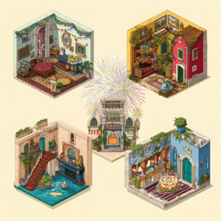 A captivating collection of hexagonal rooms featuring unique designs, vibrant colors, and festive elements, creating an inviting atmosphere for any creative project.の素材