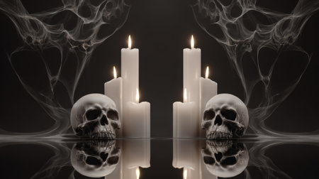 This captivating still life composition features skulls and glowing candles, surrounded by wisps of smoke, creating an eerie yet serene atmosphere.の素材