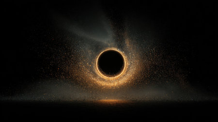 A mesmerizing depiction of a cosmic black hole, surrounded by glowing particles and swirling dust, creating an ethereal scene that captures the mystery of space.の素材