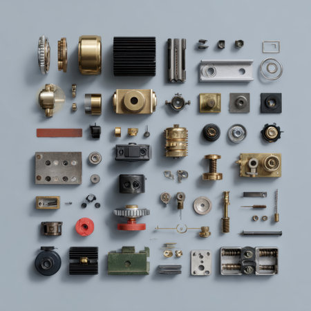 A meticulously arranged collection of various mechanical components and fasteners on a smooth gray background, ideal for engineering and industrial applications.の素材