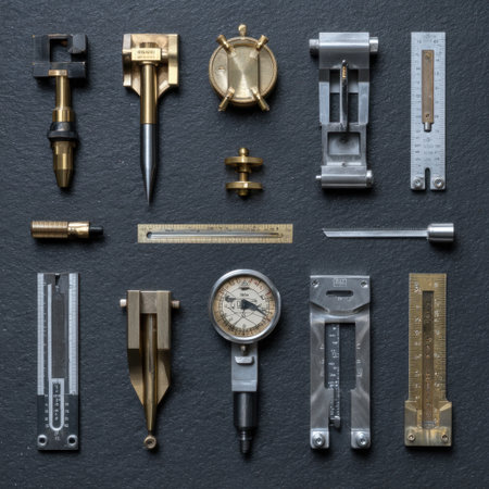 A stunning arrangement of vintage precision measuring tools highlights craftsmanship and attention to detail, ideal for engineers and designers alike.の素材