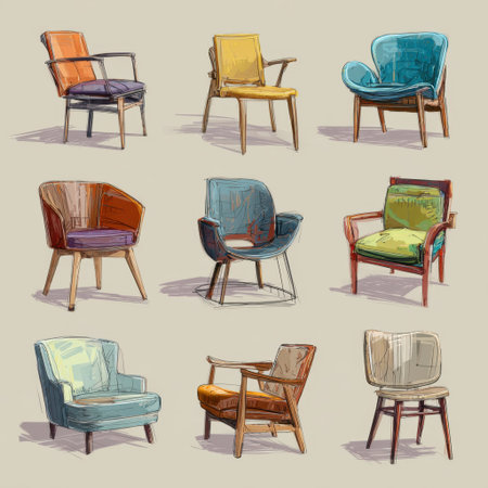Explore a vibrant assortment of stylish armchairs featuring diverse designs and colors, perfect for enhancing modern interiors and creating a cozy ambiance.の素材