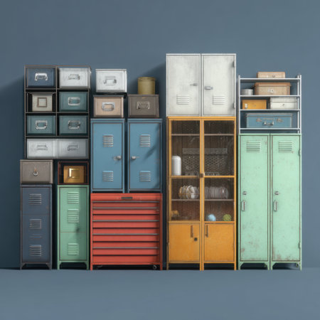 A visually striking collection of vintage storage units showcasing an array of colors and designs, ideal for adding character to any interior space.の素材