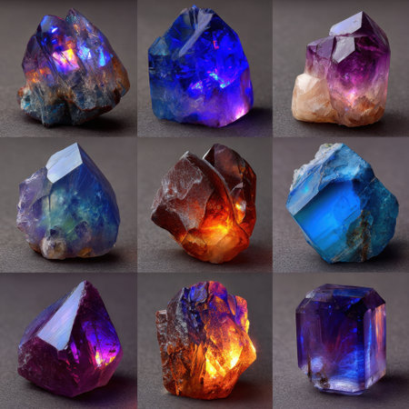 A stunning arrangement of colorful natural crystals showcasing unique shapes, textures, and vibrant reflections under light. Perfect for educational or decorative use.の素材