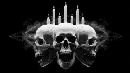 This striking image features three skulls encircled by lit candles, shrouded in smoke, creating a haunting and atmospheric scene that evokes mystery and intrigue.の素材