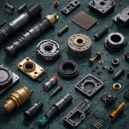 This stock photo features an intricate layout of diverse industrial components on a wet surface, ideal for engineering and mechanical applications.の素材