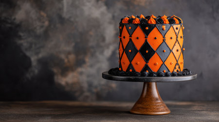 Eye-catching orange and black cake featuring intricate designs stands elegantly on a rustic pedestal, perfect for festive occasions and Halloween celebrations.の素材