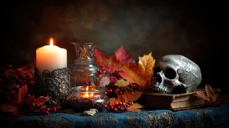 A captivating still life composition featuring a candle, a skull, and autumn leaves, creating a moody atmosphere suitable for Halloween or gothic decor.の素材