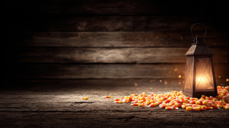 A warm, glowing vintage lantern sits amidst scattered candy corn on a rustic wooden surface, creating a charming autumn or Halloween scene perfect for decoration.の素材