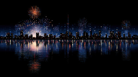 A stunning fireworks display brightens the night sky above a city skyline, with reflections shimmering in the water below, creating a breathtaking festive atmosphere.の素材