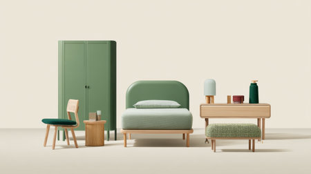 This image showcases a modern minimalist bedroom furniture arrangement featuring soft green tones and light wood accents, perfect for contemporary indoor spaces.の素材