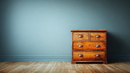 A vintage wooden chest of drawers stands elegantly on a wooden floor against an empty blue wall, creating a stylish interior space with timeless charm.の素材