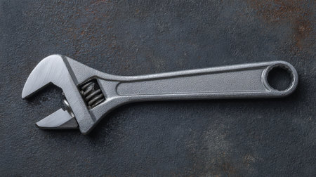 This image features an adjustable wrench resting on a dark metal background, symbolizing tools used in various repair and maintenance tasks.の素材