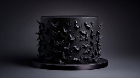 This stunning black cake features intricately crafted bats and leaves, perfect for Halloween events or special celebrations. A unique dessert centerpiece.の素材