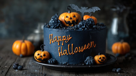 A captivating Halloween-themed cake featuring dark frosting, playful pumpkins, and decorative bats, perfect for festive celebrations and treats.の素材