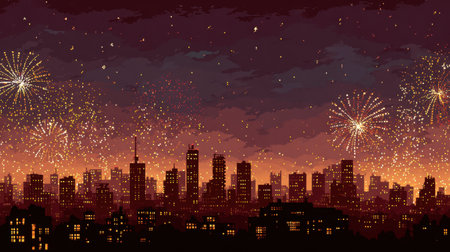 A vibrant city skyline illuminated by a stunning display of colorful fireworks, creating a festive atmosphere perfect for celebrations and events.の素材