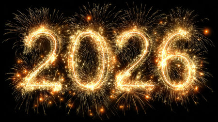 A stunning fireworks display lights up the night sky, showcasing the year 2026 in sparkling golden numbers. Ideal for celebrations and festive themes.の素材