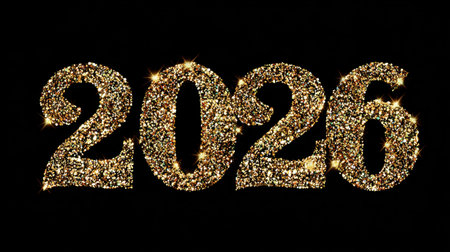 A dazzling representation of the year 2026 showcased with sparkling gold glitter against a black backdrop, perfect for any celebratory theme.の素材