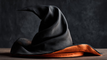 This image features a classic black and orange witch hat set against a rustic wooden surface. Perfect for Halloween-themed decorations or costume inspirations, the hat evokes a sense of magic and whimsy.の素材