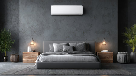This image showcases a stylish modern bedroom featuring gray decor, a cozy bed with pillows, and an air conditioning unit on the wall, enhanced by decorative plants.の素材