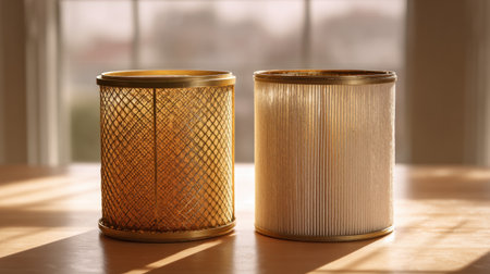 A captivating close-up image of two engine air filters showcasing one dirty and one clean filter. Natural light illuminates the textures.の素材