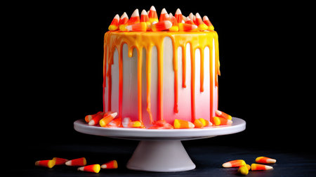 A stunning Halloween-themed cake featuring vibrant orange and yellow icing dripping down the sides, topped with colorful candy corn on a white stand.の素材
