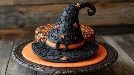 A whimsical Halloween cake features a stunning black witch hat adorned with orange accents, perfect for festive celebrations and seasonal gatherings.の素材