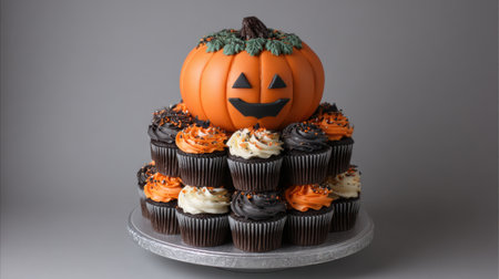 A stunning Halloween-themed cupcake tower featuring a smiling orange pumpkin on top, showcasing an array of delicious chocolate and vanilla cupcakes. Perfect for festive celebrations.の素材