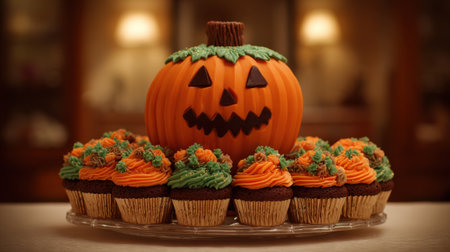 A bright and cheerful Halloween display featuring a pumpkin cake centerpiece surrounded by colorful cupcakes, perfect for seasonal celebrations and gatherings.の素材