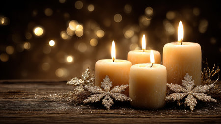 This image features a serene candle arrangement, radiating warmth with soft flames atop beautiful candles. Elegant snowflake decorations add a festive touch to the rustic wooden background, creating a peaceful and cozy ambiance perfect for winter celebrations.の素材