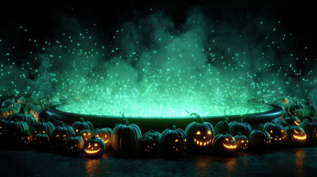 A captivating Halloween scene featuring a glowing green cauldron surrounded by carved pumpkins, creating a mysterious and enchanting atmosphere.の素材