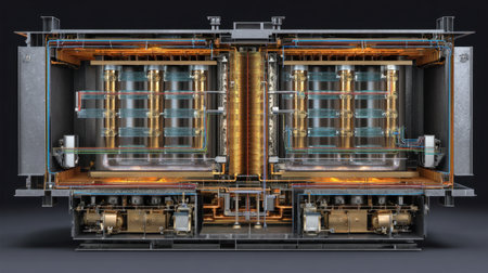 Explore a detailed cross-section of an industrial machine showcasing its intricate inner components and complex machinations for technical analysis and educational purposes.の素材