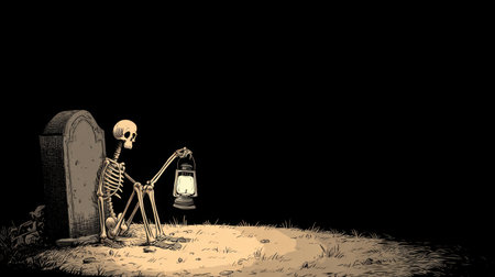 A haunting illustration of a skeleton sitting beside a grave, holding a lantern, evoking a spooky and eerie atmosphere in a dark graveyard.の素材