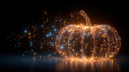 A stunning glowing pumpkin image, radiating with sparkling lights against a dark background, perfect for capturing the spirit of Halloween and autumn festivities.の素材