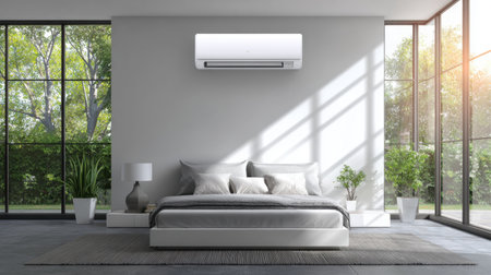 A stylish modern bedroom featuring large windows with abundant natural light, a plush bed, and a sleek air conditioning unit for comfort.の素材