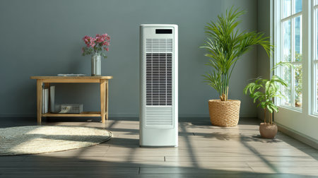 This image showcases a modern air conditioner placed elegantly in a stylish living room, filled with natural light and vibrant indoor plants, emphasizing comfort and aesthetic design.の素材