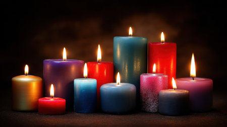 A stunning arrangement of colorful candles featuring flickering flames, set against a dark background, perfect for creating a calming ambiance and enhancing relaxation.の素材