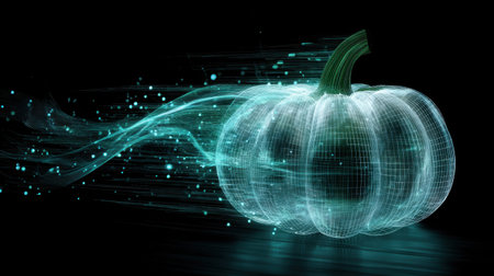 A stunning wireframe pumpkin design showcasing a blend of technology and art. The glowing lines create motion and emphasize a futuristic aesthetic.の素材