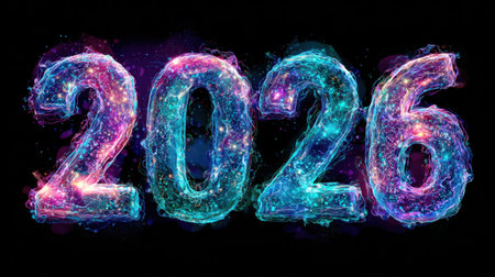 This vibrant abstract artwork features the year 2026, showcasing colorful cosmic elements. Perfect for celebrating future milestones and innovative ideas.の素材