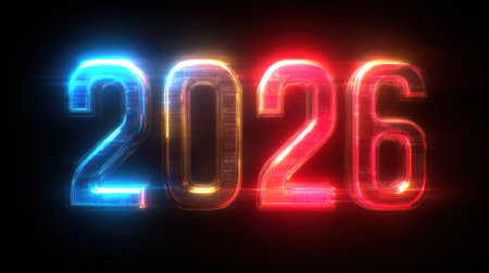 This captivating design features the number 2026 illuminated with vibrant blue and red glows on a dark background, perfect for events and promotions.の素材