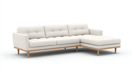 A stunning modern couch featuring a light fabric upholstery and elegant wood legs, ideal for enhancing the aesthetics of any contemporary living space.の素材