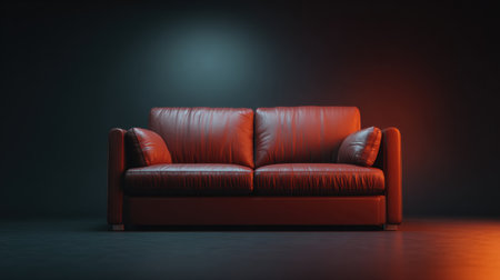 A stylish modern red leather sofa with soft cushions is showcased against a minimalist background, exuding comfort and elegance in a contemporary setting.の素材