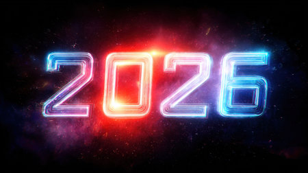 A vibrant and futuristic representation of the year 2026, featuring glowing neon numbers set against a stunning cosmic background filled with stars.の素材